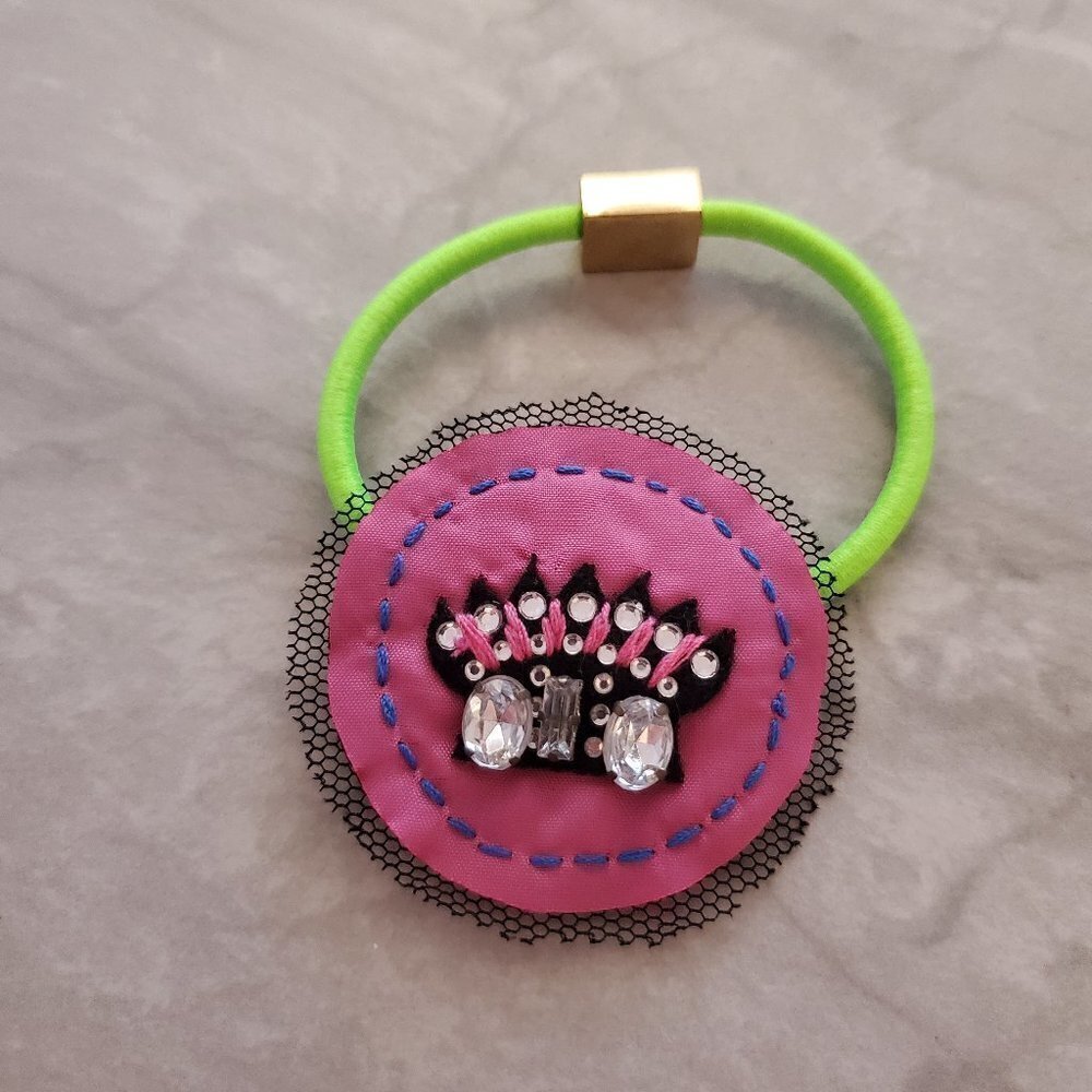 👑 Juicy Couture Neon bright Crown Rhienosntes Crystals Fabric Hair Tie Elastic